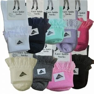 Girls frilly lace edge ribbed ankle socks in a range of colours