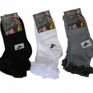 Girls back to school lace frill cotton socks in black, white and grey