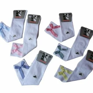 Girls, Ladies 1 PAIR GIRLS GINGHAM COLOURED BOW WHITE KNEE HIGH SCHOOL SOCKS