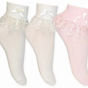 Girls frilly lace ankle socks with ribbon bows in cream, white and pink