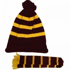 Maroon and yellow striped bobble hat and scarf set
