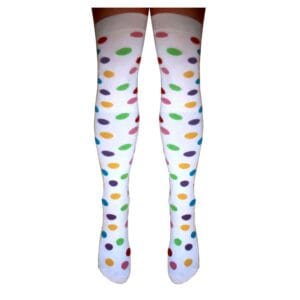 Colourful polka dot over-the-knee socks in white with multicoloured dots