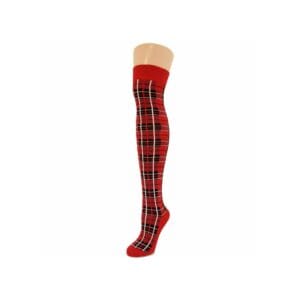 Ladies red tartan over-the-knee socks with Scottish check pattern