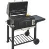 A black charcoal grill with a lid open, showing grill grates and a small food item, possibly a burger or sandwich, on the top warming rack. The grill features side shelves, front and bottom storage racks, a front access door for charcoal, and two wheels for mobility