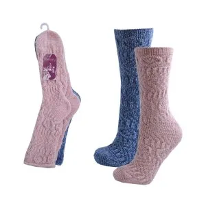 Two colourful pairs of slipper socks, one blue and one pink, each adorned with unique designs, placed next to each other.