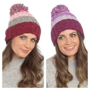 Ladies Knitted Twist Yarn Stripe Beanie Hat with Sherpa Lining and Pom Pom