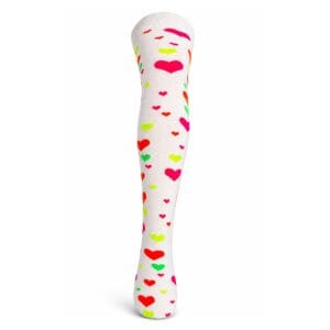 heart print over-the-knee socks in white with colourful pink orange and green hearts