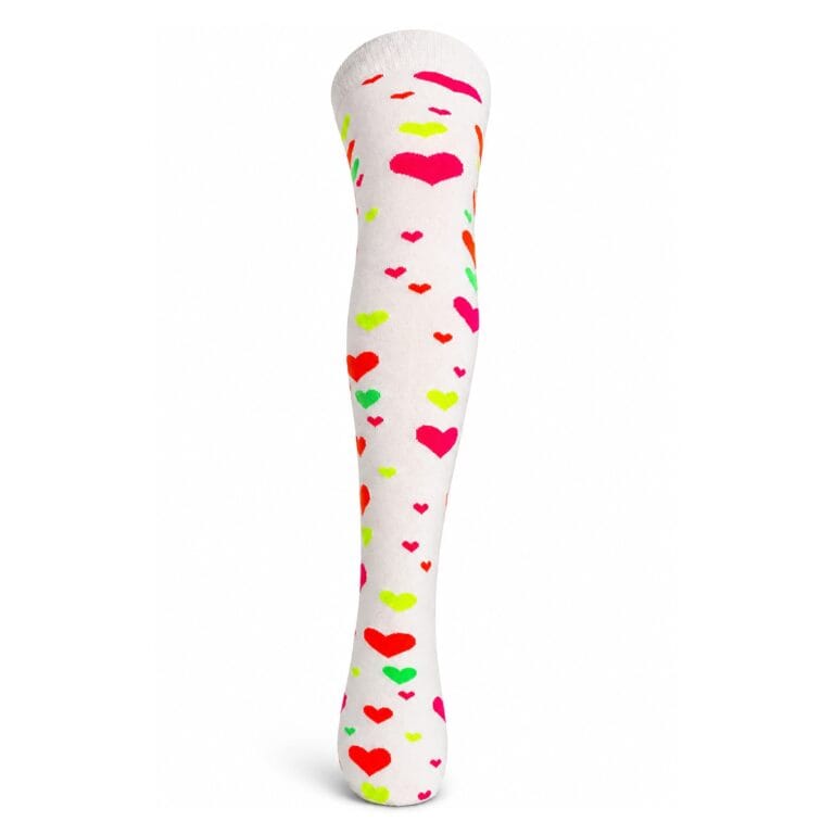 heart print over-the-knee socks in white with colourful pink orange and green hearts