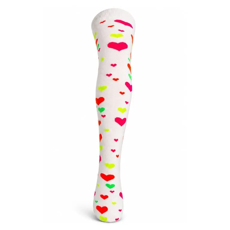 heart print over-the-knee socks in white with colourful pink orange and green hearts